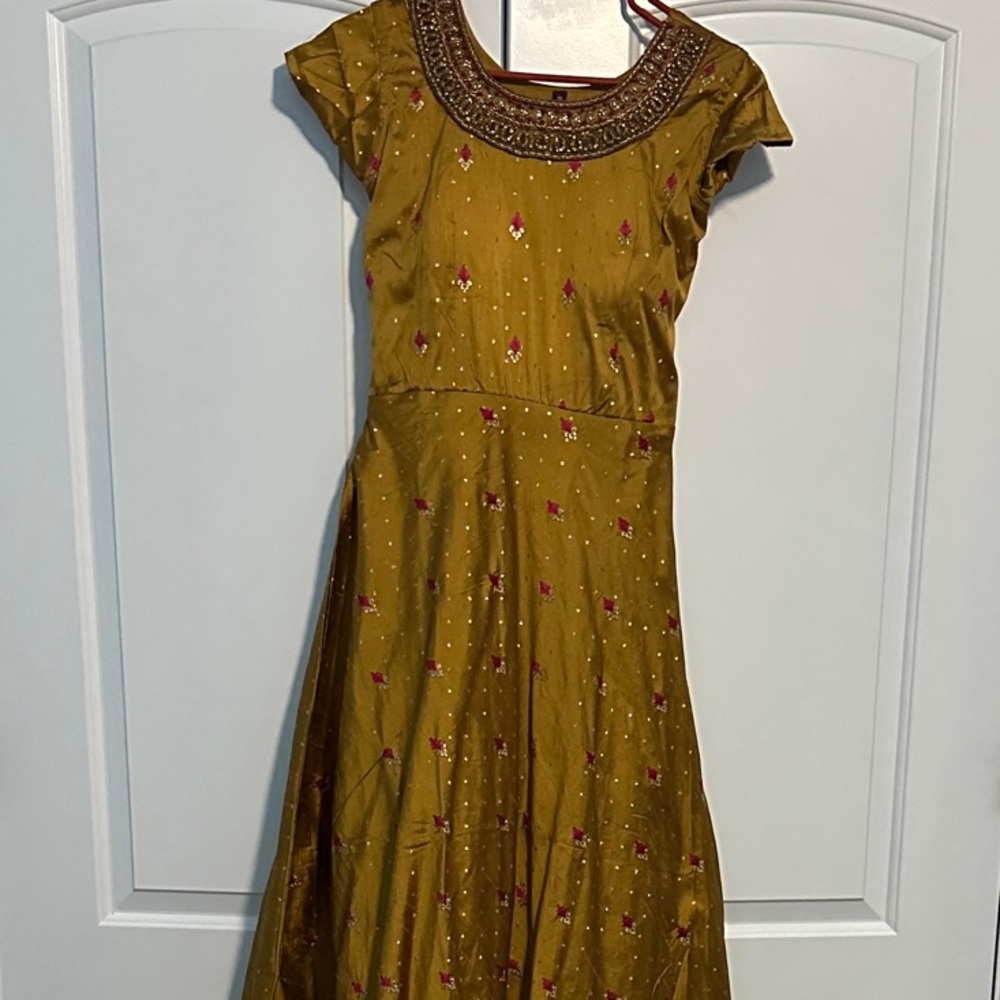 Embroidered Mustard Indian Anarkali Dress with Red Accents